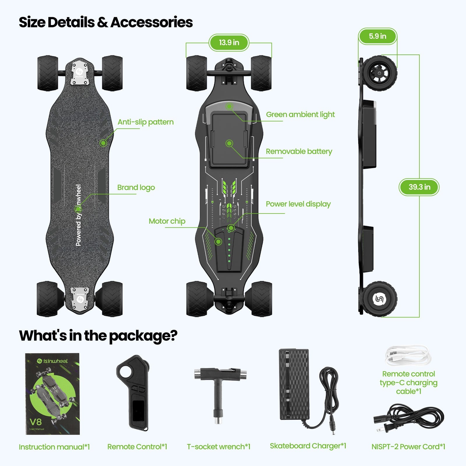 Isinwheel V8 Electric Skateboard with Portable Removable Battery & Remote Control iSinwheel Official Store